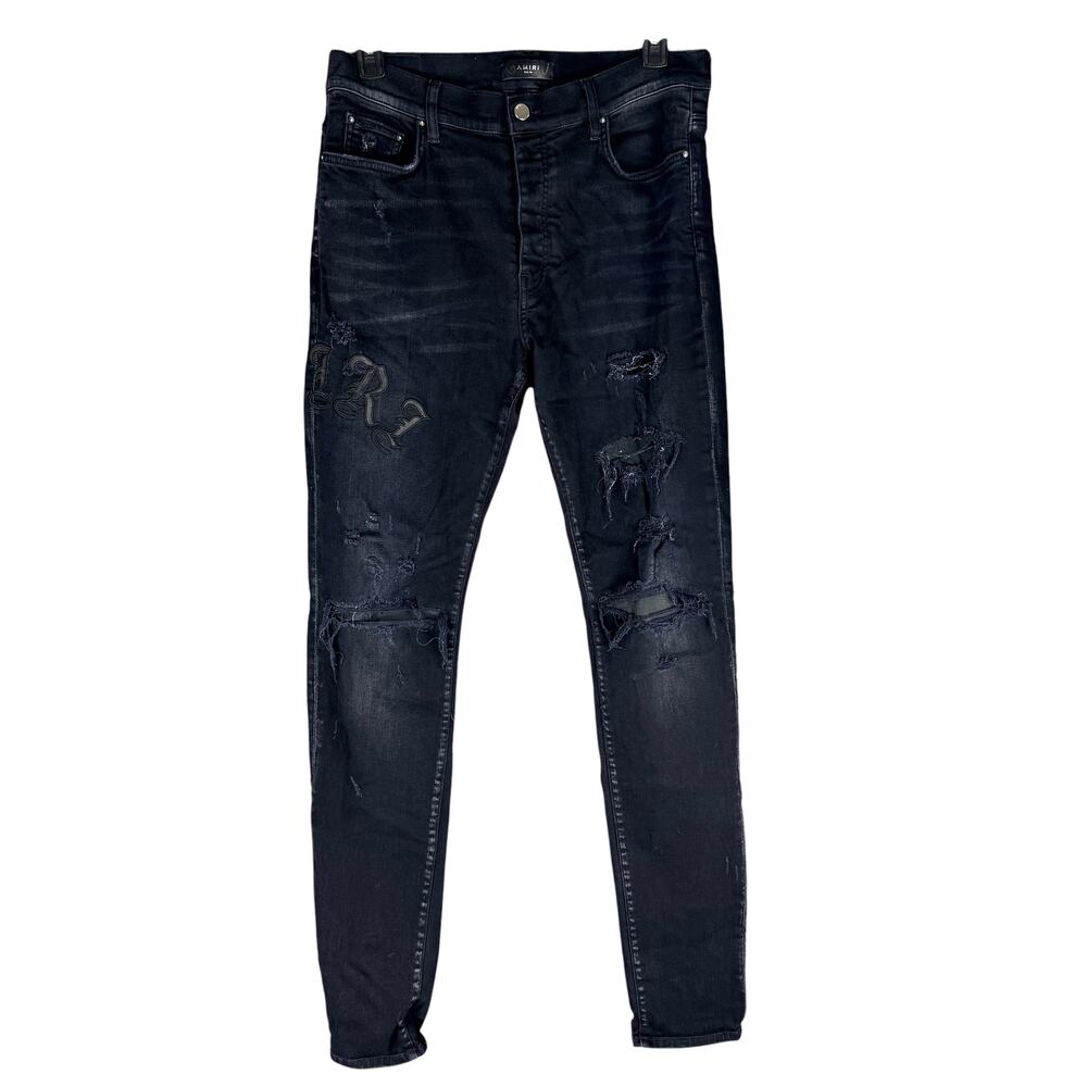 Amiri Old English Gothic Logo Destroyed Skinny Jeans Black Size 36